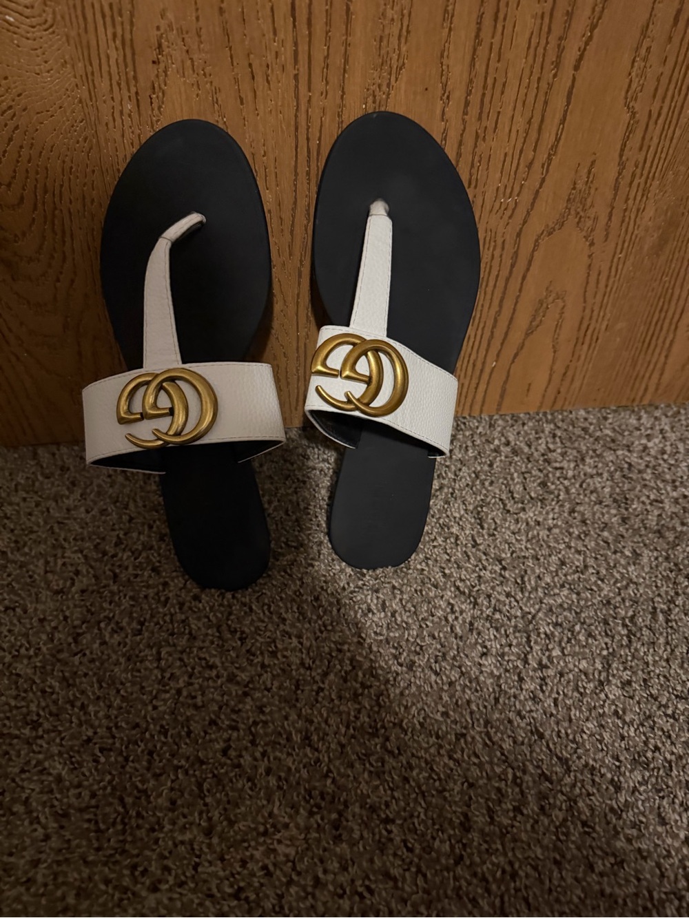 Gucci Black Sole White Strap Sandals with Gold Double-G